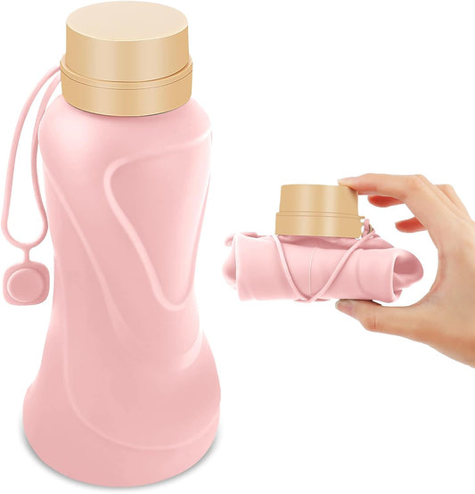 Collapsible Water Bottles,650ml,Leak Proof,Reuseable BPA Free Silicone Foldable Water Bottles,Durable Lightweight for Travel Gym Camping Hiking,Compact Size Portable Sports Water Bottle (Pink)