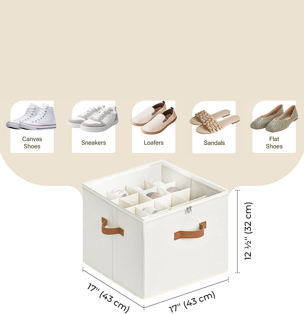 StorageWorks Shoe Organizer for Closet, Fits up to 16 Pairs, Shoe Cubby Storage Containers with Adjustable Dividers and Clear Cover, Beige
