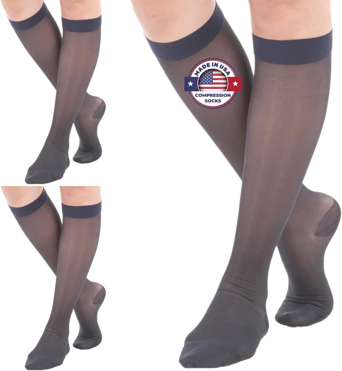 (3 Pairs - Closed Toe) Made in USA - Sheer Compression Stockings for Women 15-20mmHg - Womens Compression Socks for Circulation during Travel, Airplane, Sport, Athletic - Navy, X-Large - A101NV4-3