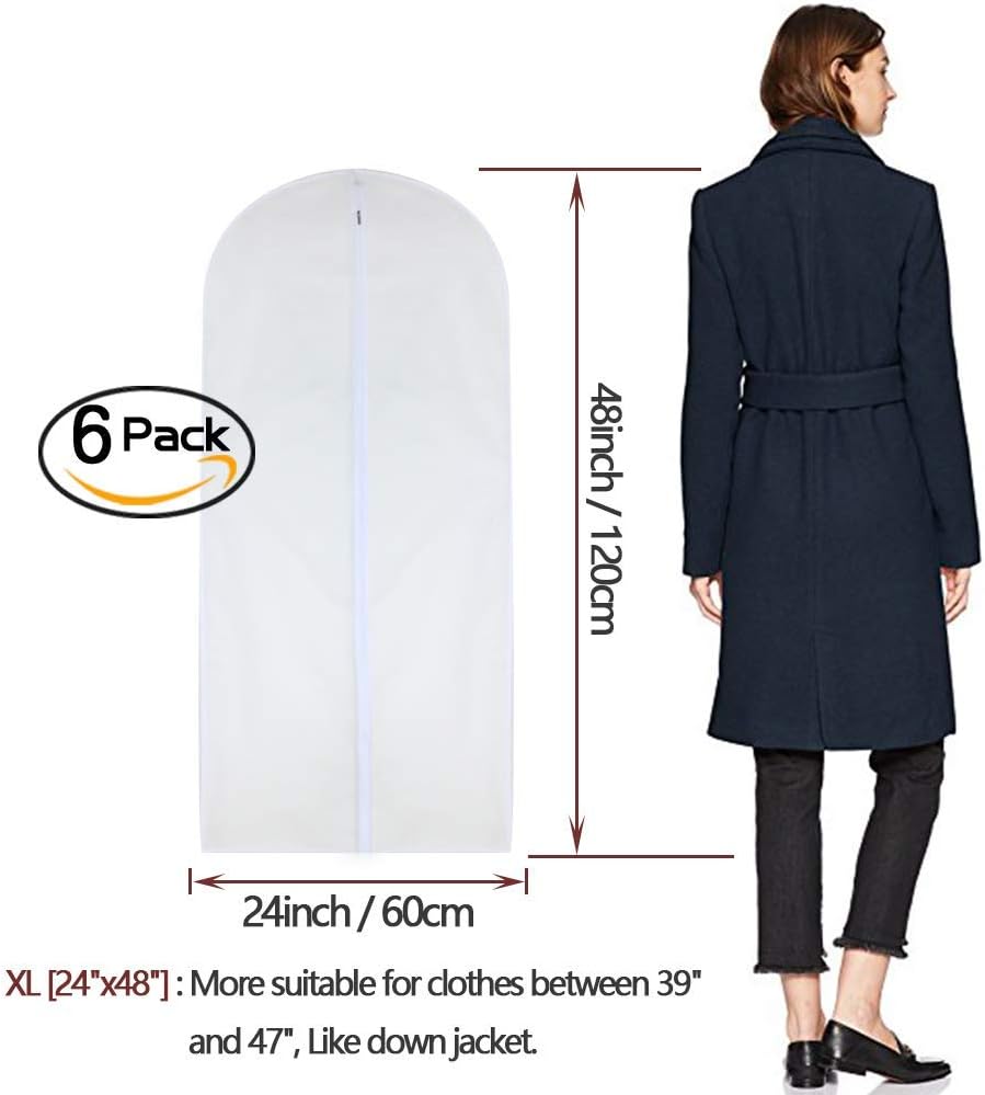 Garment Bags for Hanging Clothes 24'' x 48'' Long Suit Dust Hanging Garment Bag White Breathable Suit Covers for Closet Full Zipper Dust Cover for Dance Dress Clothes Pack of 6
