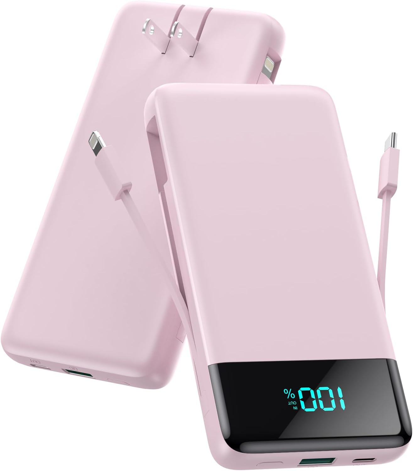 Portable Charger for iPhone with Built in Cables and Wall Plug,Upgraded 13800mAh Fast Charging USB C Power Bank,4 Outputs Travel Essential Battery Pack Compatible with iPhone 15/14/13/12,Samsung-Pink