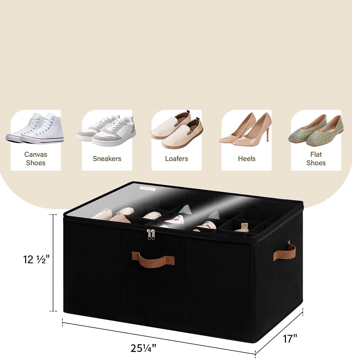 StorageWorks Shoe Organizer for Closet, Fits up to 24 Pairs, Shoe Cubby Storage Containers with Adjustable Dividers and Clear Cover, Black