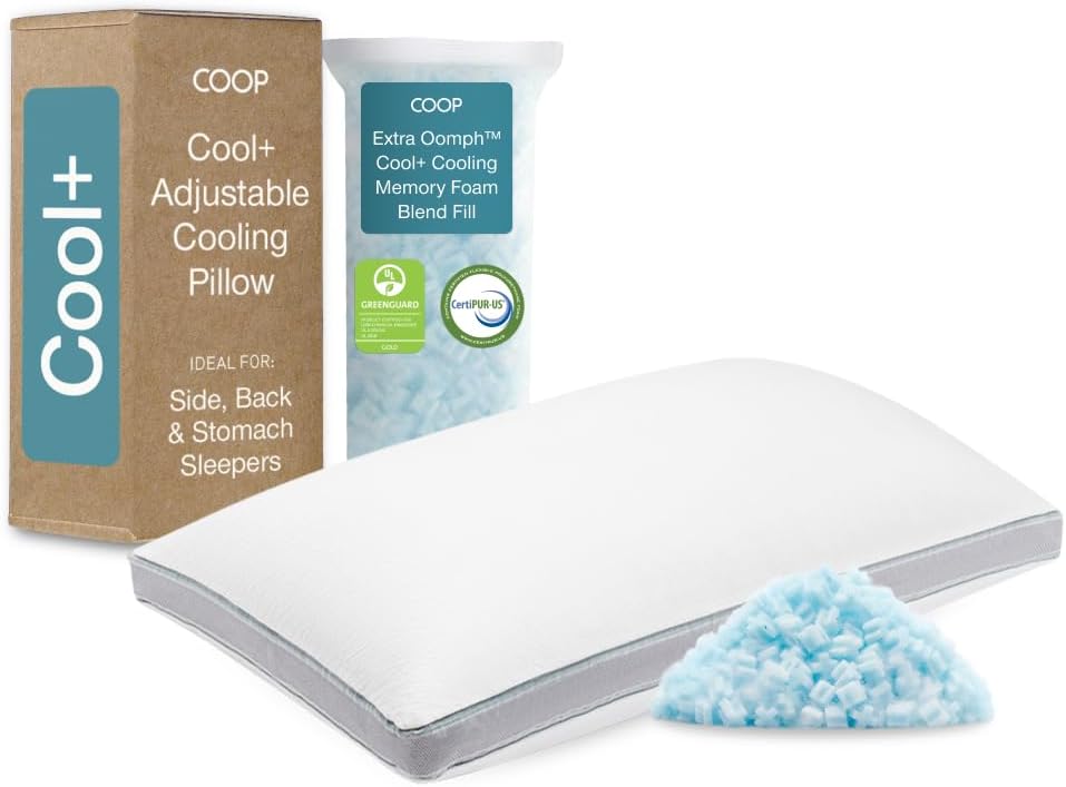 Coop Home Goods Cool+ Adjustable Pillow, King Size Plus Shaped Memory Foam Pillows with Cooling Gel, Back, Neck Support, Stomach or Side Sleeper Pillow, CertiPUR-US/GREENGUARD Gold