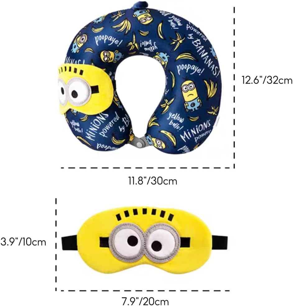 MINISO Minions Travel Neck Pillow with Eye Mask, Cute Cartoon 100% Memory Foam Neck Support Pillow, Lightweight Travelling Pillow Set for Airplane, Car and Home Use