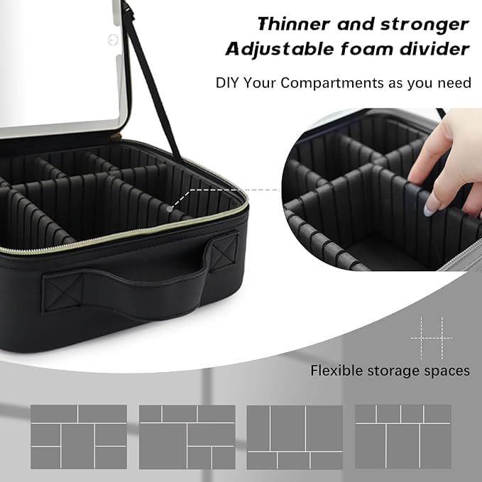 Makeup Bag with Led Mirror,Travel Makeup Organizer with 3 Color Setting & 10X Magnifying Mirror, Portable Storage and Adjustable Dividers Travel Makeup Bag-black