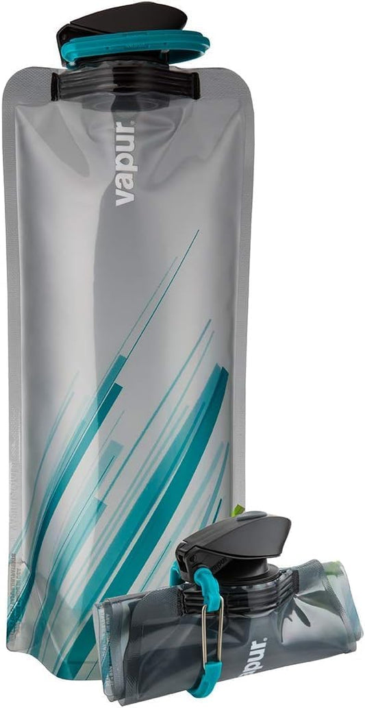 Vapur Collapsible Water Bottle With Carabiner, Compact Bottle Folds Flat For Hydration On The Go, Ideal for Traveling, Hiking or Camping, 34 Ounce, Grey & Teal, Pack of 1