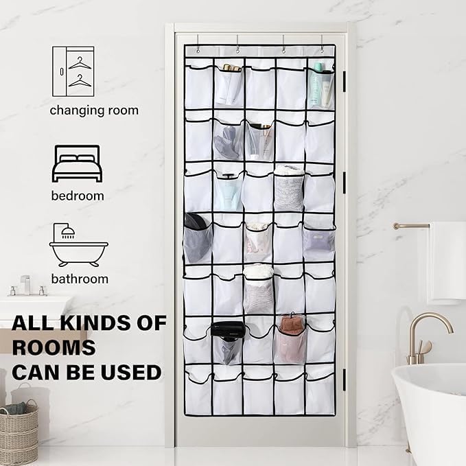 28 Mesh Pockets Hanging Shoe Organizer, Over the Door Shoe Organizer，Closet Storage Holder for Back of Door Storage Holder for Back of Door(White)