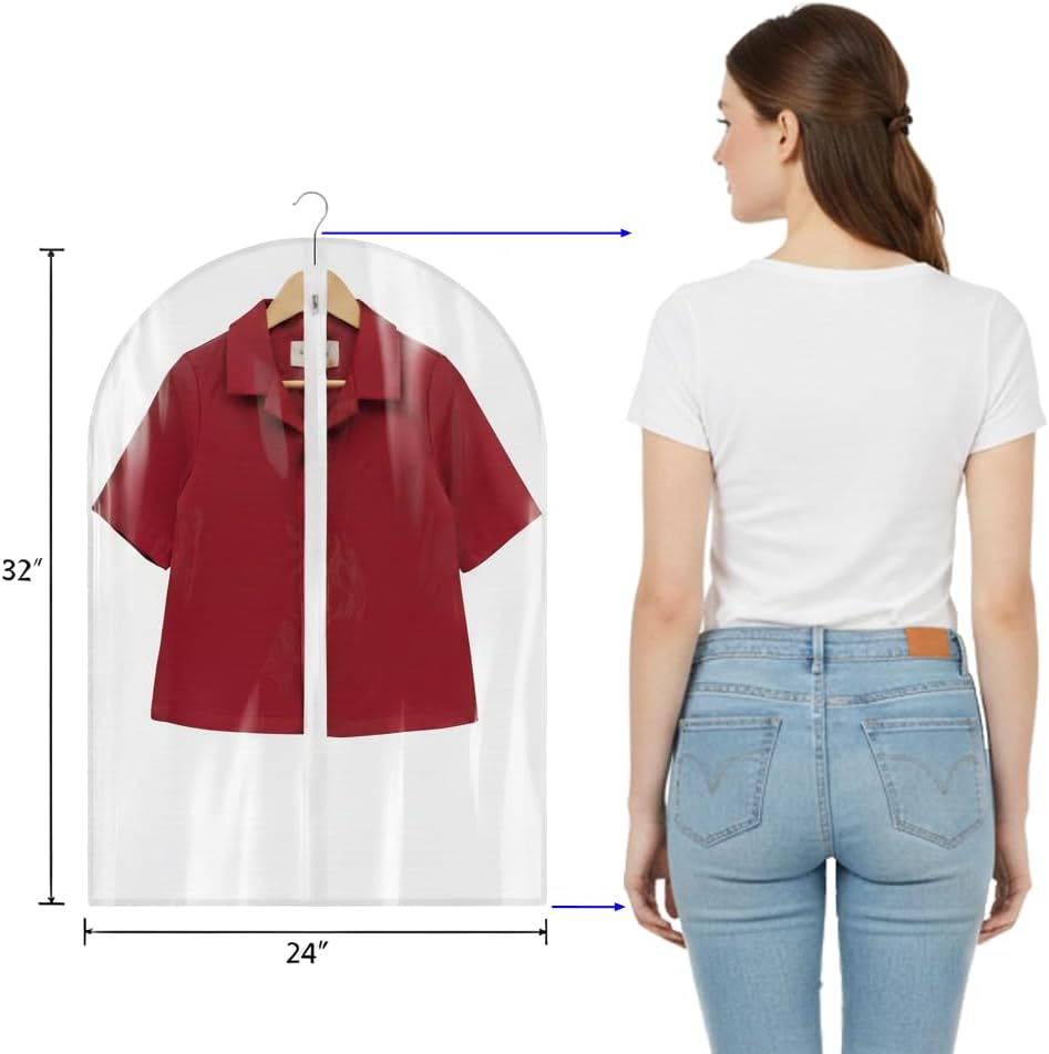 All Clear Garment Bags for Travel - 32” PEVA Waterproof Suit Cover with Zipper for Hanging Clothes, Shirts, Sweaters - Durable Dresser for Closet Storage, Dustproof & Moisture Resistant - 32”/12 Pack