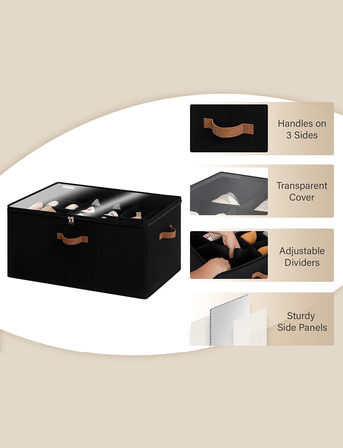 StorageWorks Shoe Organizer for Closet, Fits up to 24 Pairs, Shoe Cubby Storage Containers with Adjustable Dividers and Clear Cover, Black