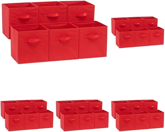 Amazon Basics Cube Organizer Storage Bins Handles, Collapsible Fabric, 10.5"x10.5"x11", Red (Pack of 30)