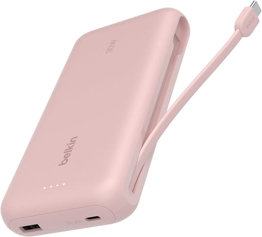 Belkin Portable Charger, Power Bank with Integrated Cable 20000 mAh 30W - Fast Charging USB C Power Delivery, iPhone Charger - iPhone 16 Series, iPad Pro, Galaxy S25 Series, & More - Pink