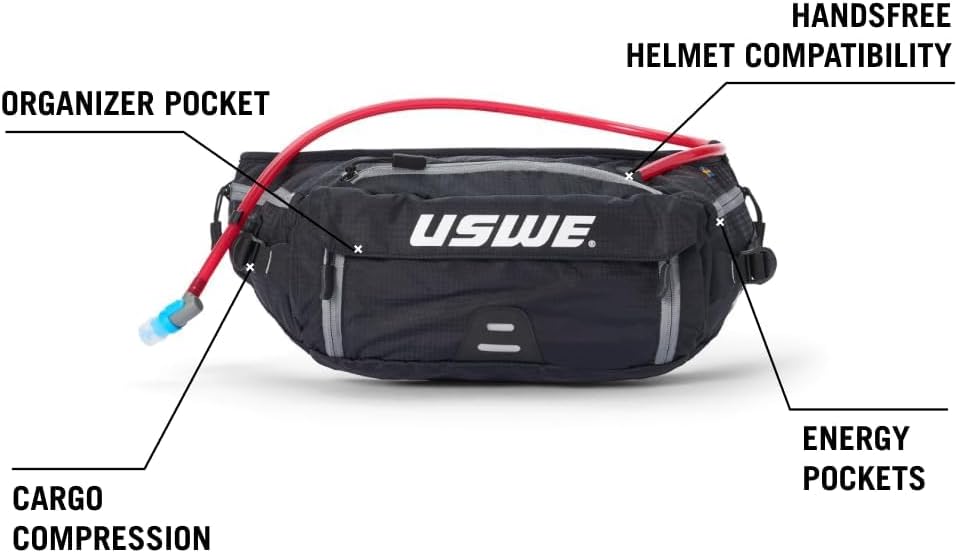 USWE Zulo Hydration Hip Pack - with Organizer and Side Pockets, Bounce Free Hip Belt (Carbon Black, 6L)