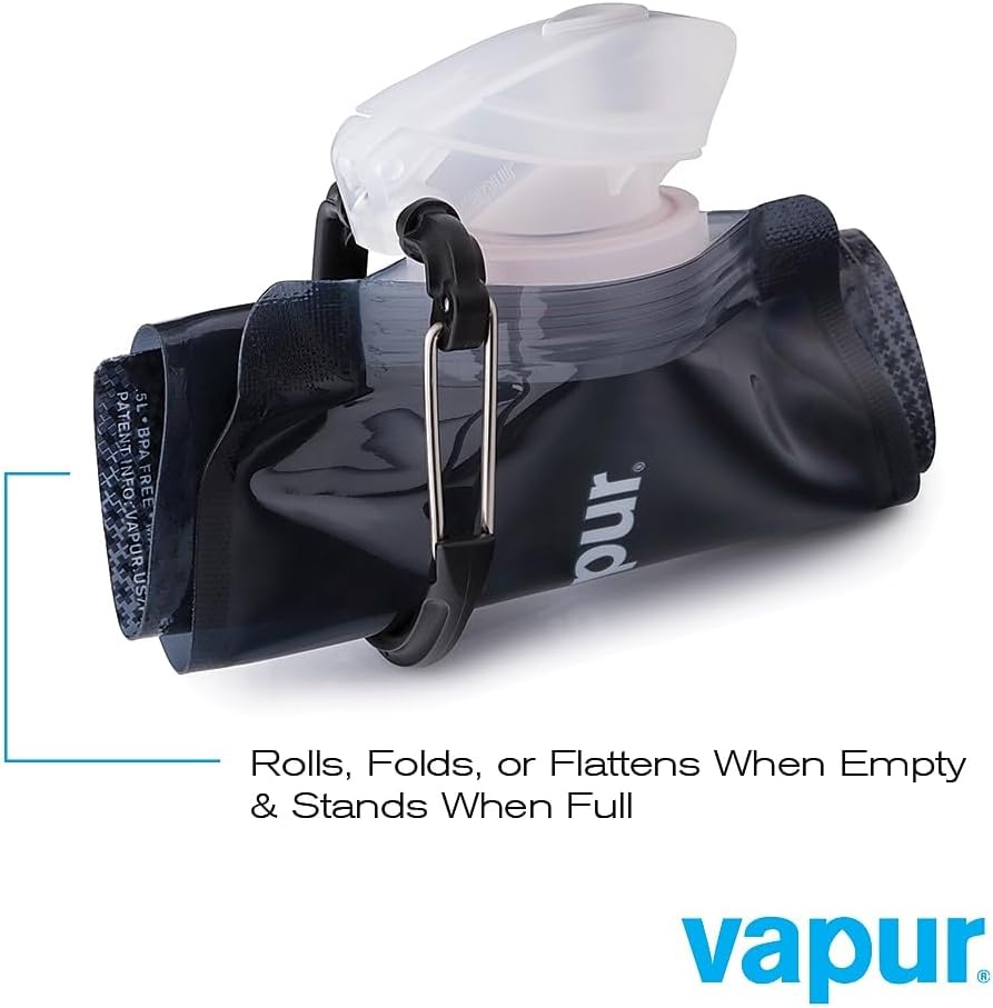Vapur Collapsible Water Bottle With Carabiner, Compact Bottle Folds Flat For Hydration On The Go, Ideal for Traveling, Hiking or Camping, 16 Ounce, Cool Grey, Pack of 1
