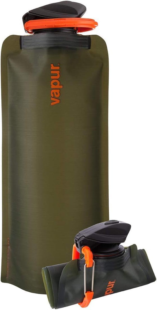Vapur Collapsible Water Bottle With Carabiner, Compact Bottle Folds Flat For Hydration On The Go, Ideal for Traveling, Hiking or Camping, 23 Ounce, Olive, Pack of 1