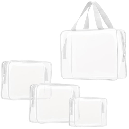 4Pcs Crystal Clear PVC Travel Toiletry Bag Kit for Women Men, Waterproof Vinyl Packing Organizer Storage Bags with Zipper Handle Straps, Cosmetic Pouch Carry on Airport Airline Compliant Bag Handbag