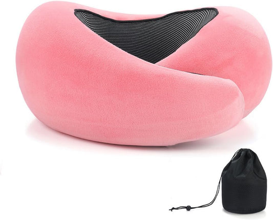 REDOFF®Travel Pillow for Neck Support, Memory Foam Neck Pillow for Airplane, Car, Office - Adjustable Strap with Magic Tape, Breathable & Portable with Storage Bag（Deep Pink