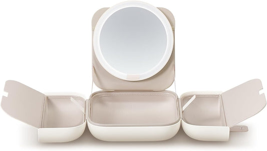 AMIRO M2 Travel Makeup Bag with 5 Level Brightness & 3 Color LED Mirror, Portable Makeup Artist Organizer, White