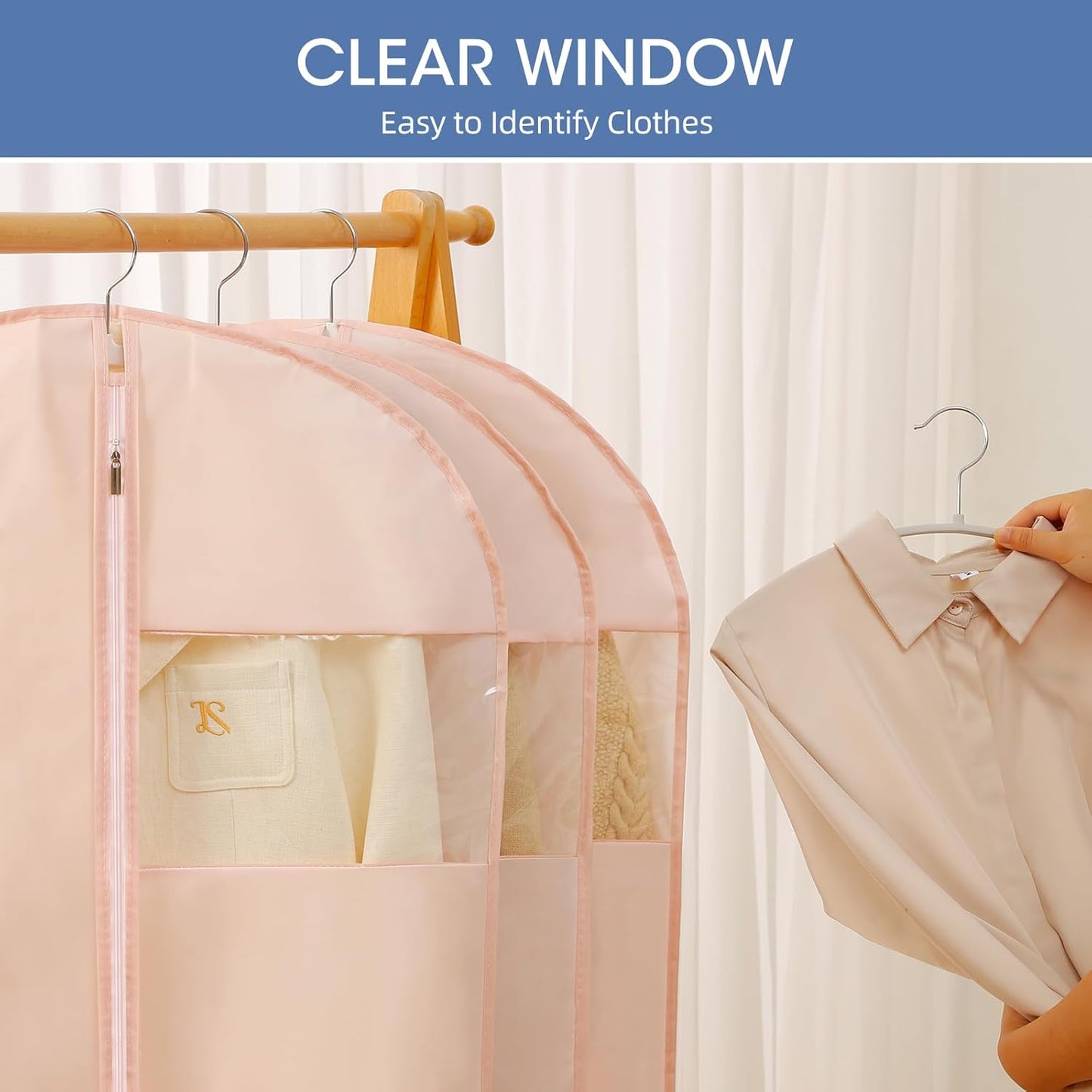 43" Suit Bags for Closet Storage and Travel, Pink Garment Bags for Hanging Clothes, Women’s Suit Cover Bags with Clear Window for Coats, Jackets, Shirts(2 Pack)