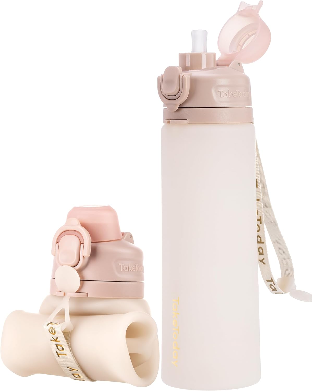 TakeToday Collapsible Water Bottles 20oz, Leak Proof, BPA-Free, Foldable Silicone Travel Water Bottle with Straw Strap for Cycling, Hiking, Outdoors