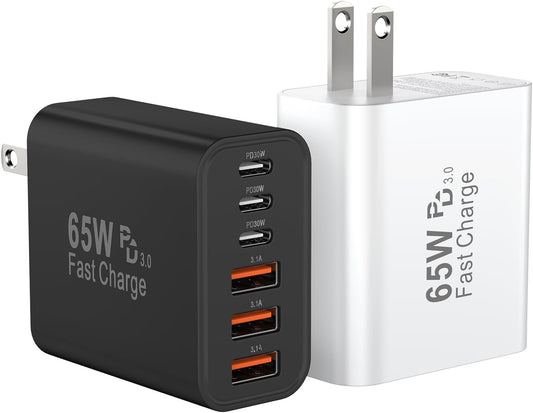 USB C Charger Block, 65W USBC Wall Charging Blocks 6-Port PD & QC Power Adapter Multiport Type C Fast Chargers Plug Cube Brick for iPhone 16/15/14/13/12/Pro Max,iPad Pro,Samsung Galaxy S25 Black