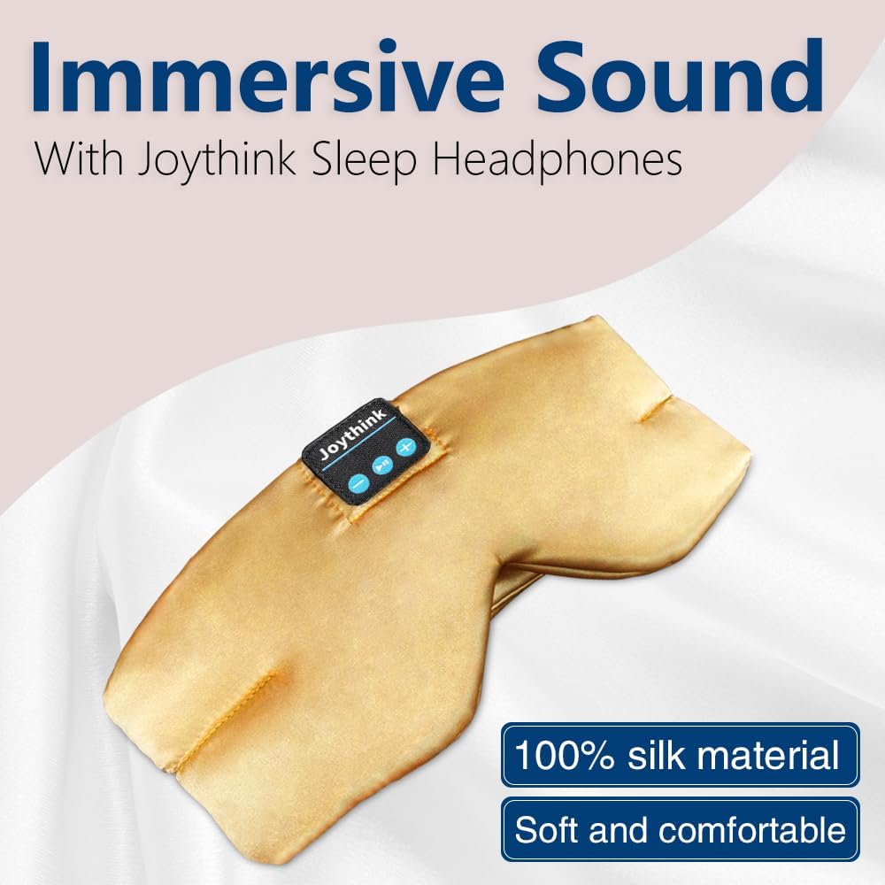 Joythink Sleep Headphones Bluetooth Sleep Mask Silk Headband Earphones Bluetooth Eye Mask for Sleeping On Side Blackout Soft Sleep Earphones Kids Children Music Eye Cover Champagne Gold