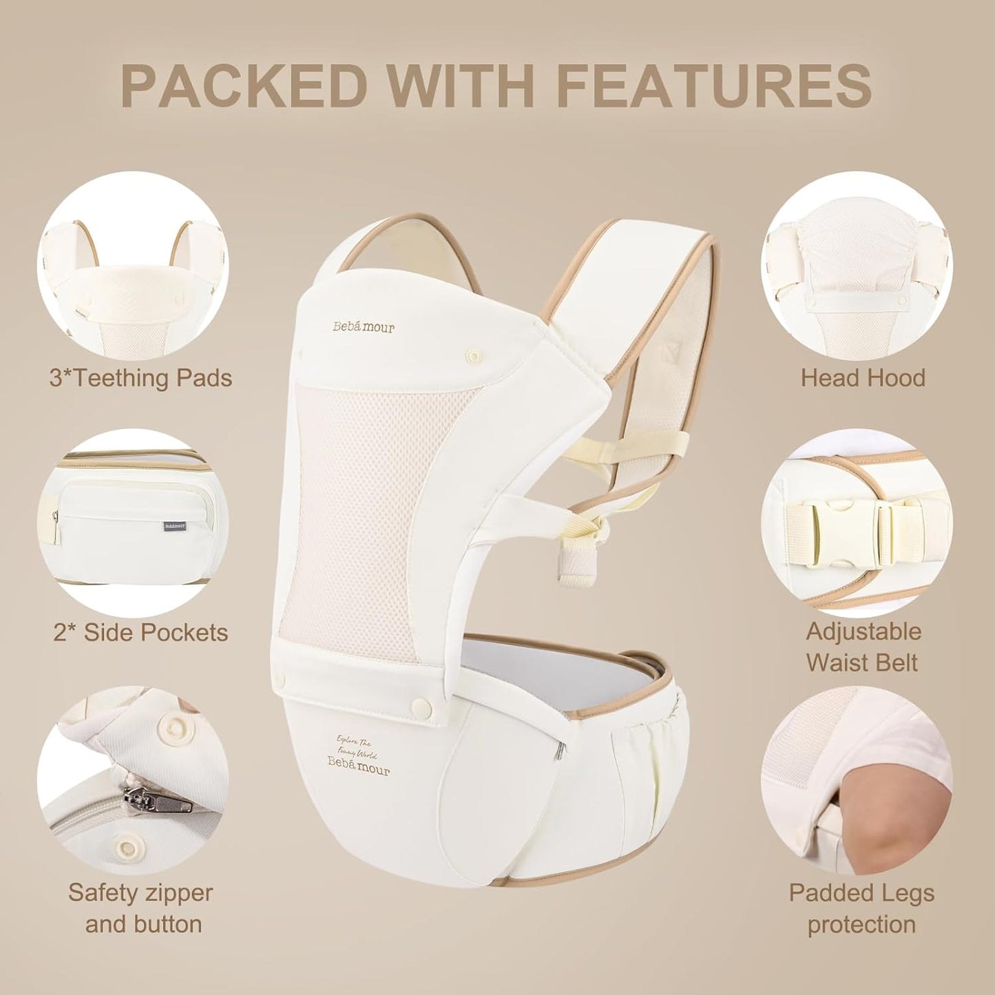 Bebamour Baby Carrier with Hip Seat,All-Position Breathable Mesh Hip Seat & Carrier 0-36Months with Head Hood, 3 PCS Teething Pads, Waist Extender,Storage Bag & Pacifier Case(Khaki)