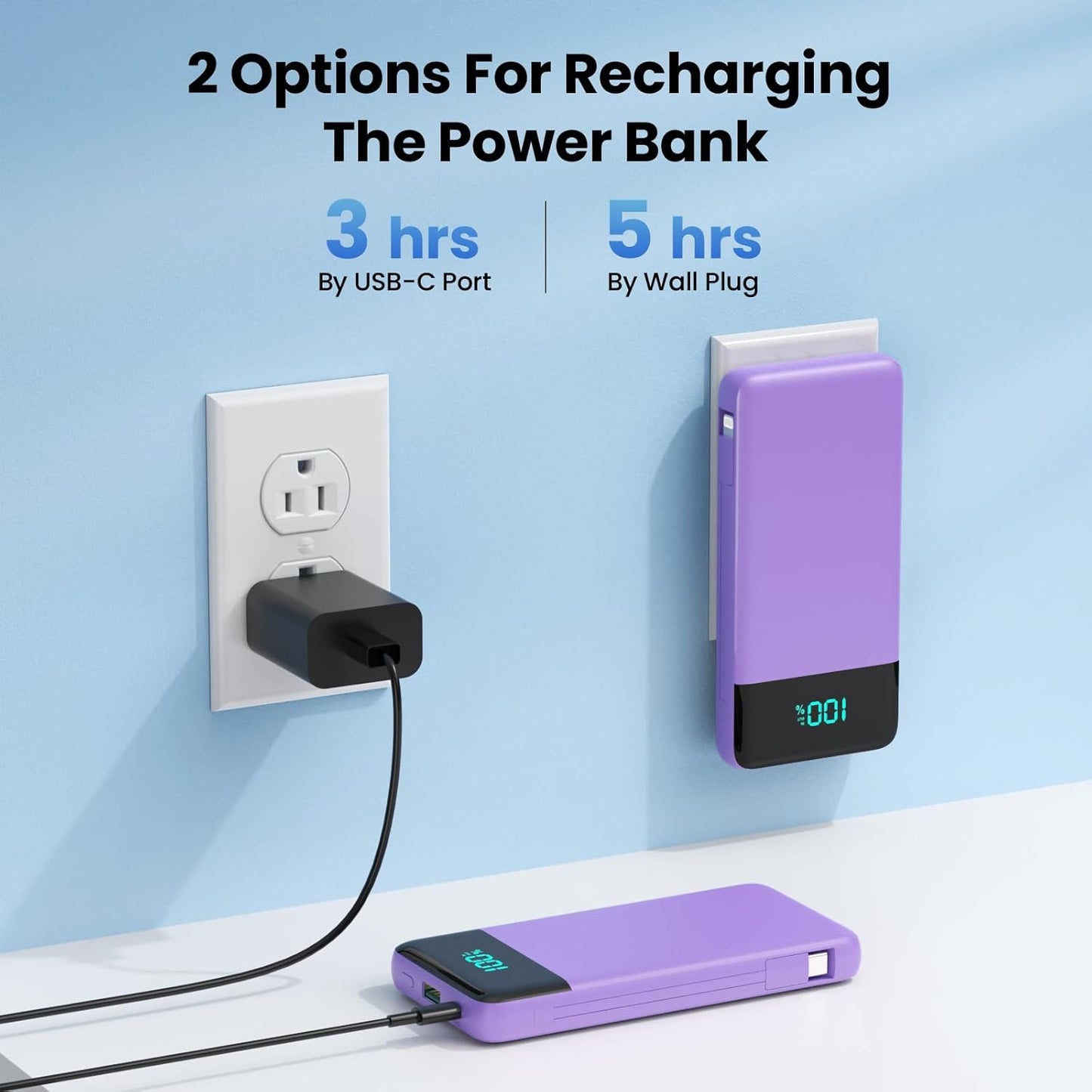 Portable Charger for iPhone with Built in Cables and Wall Plug,Upgraded 13800mAh Fast Charging USB C Power Bank,4 Outputs Travel Essential Battery Pack Compatible with iPhone 15/14/13,Samsung-Purple