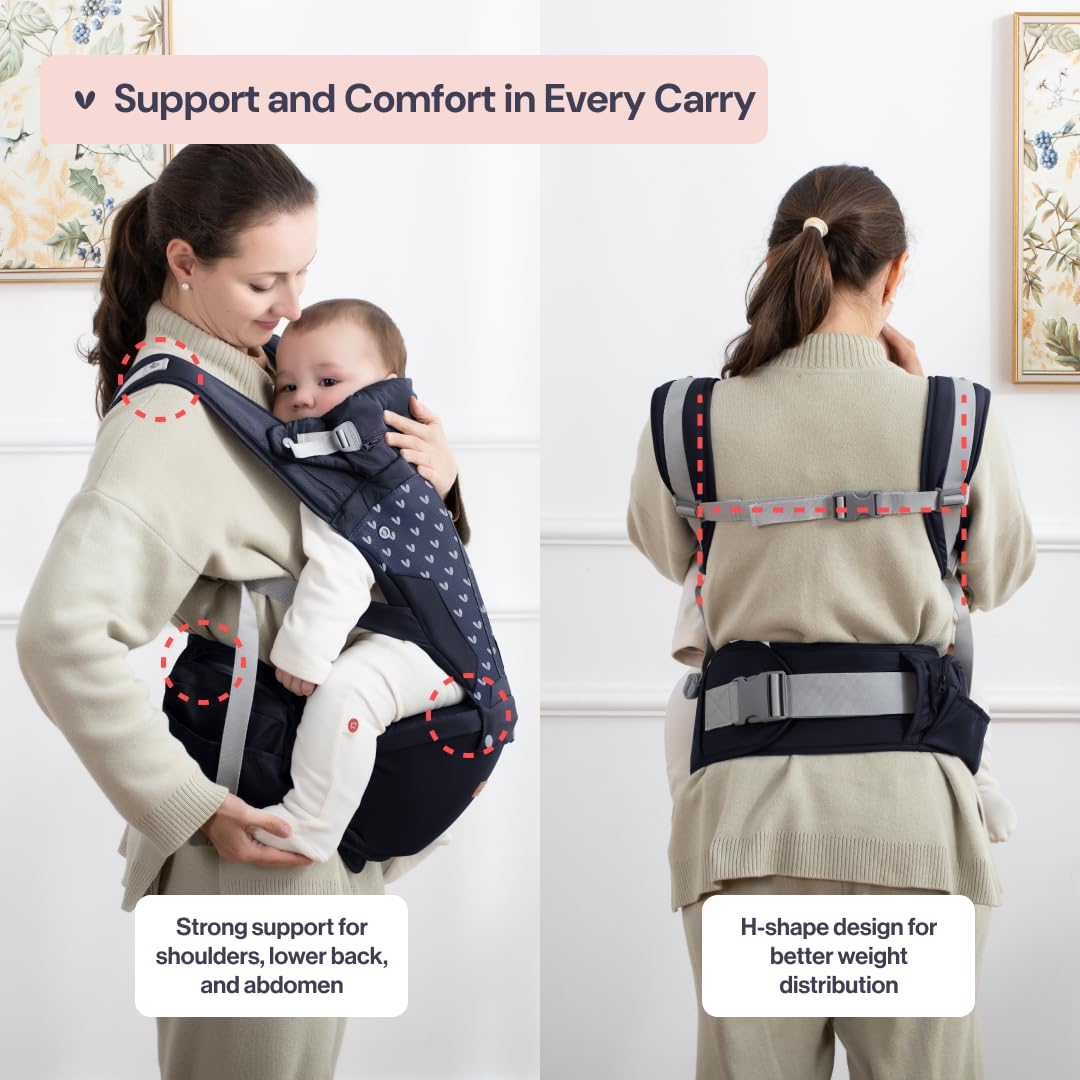 BabbleRoo Grow Carrier – 6-in-1 Baby Carrier with Hip Seat, Ergonomic, Cozy & Adjustable Toddler Carrier 7-50 lbs with Hip & Lumbar Support, Hood for Sun Protection, Newborn to Toddler, Navy Hearts