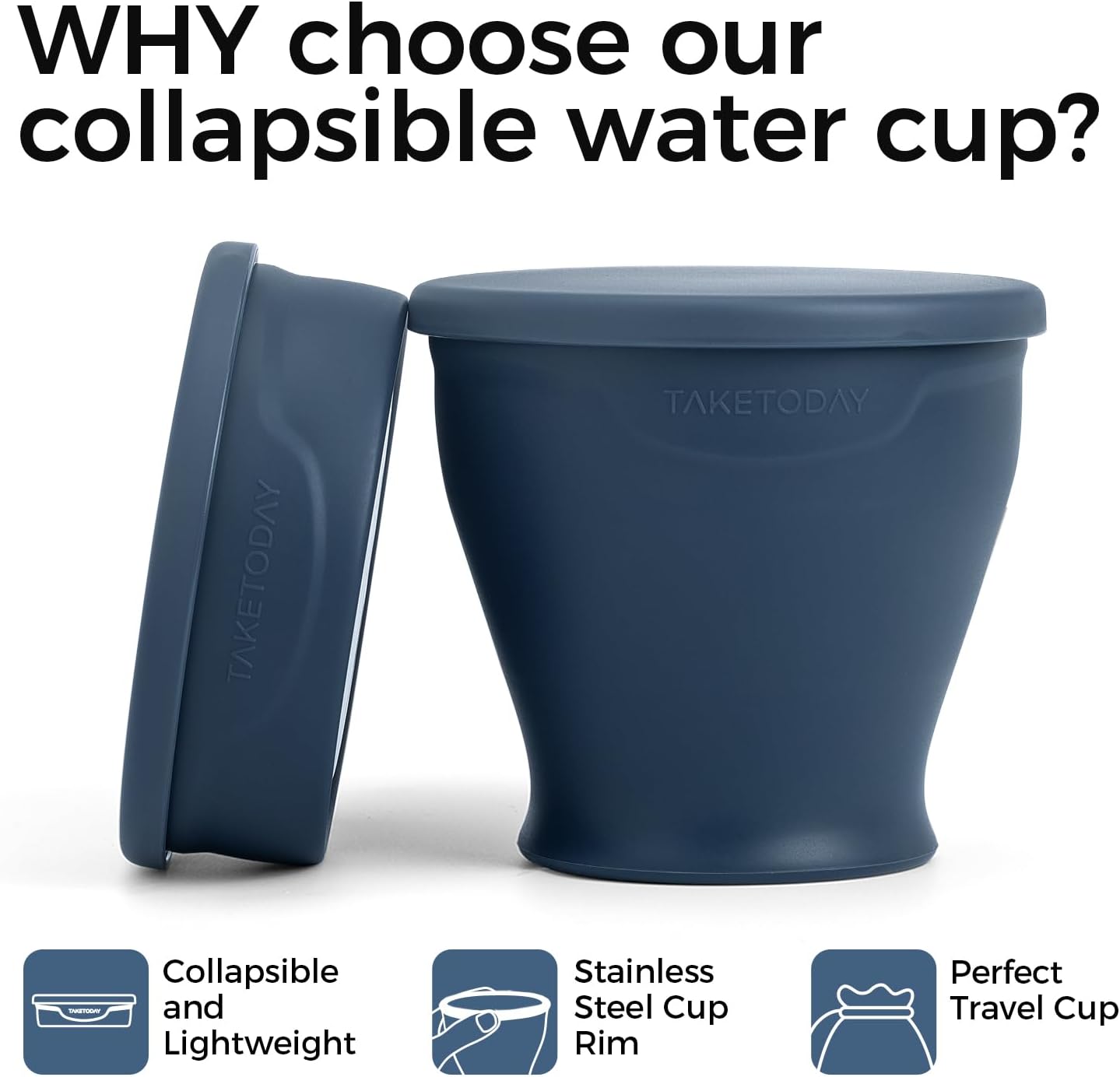 TakeToday 2PCS Collapsible Travel Cup - Silicone Foldable Water Cup, BPA-Free with Lid & Waterproof Bag - Drinking Cup Set for Camping, Outdoors & International Travel（8 Oz, Navy & Blue）