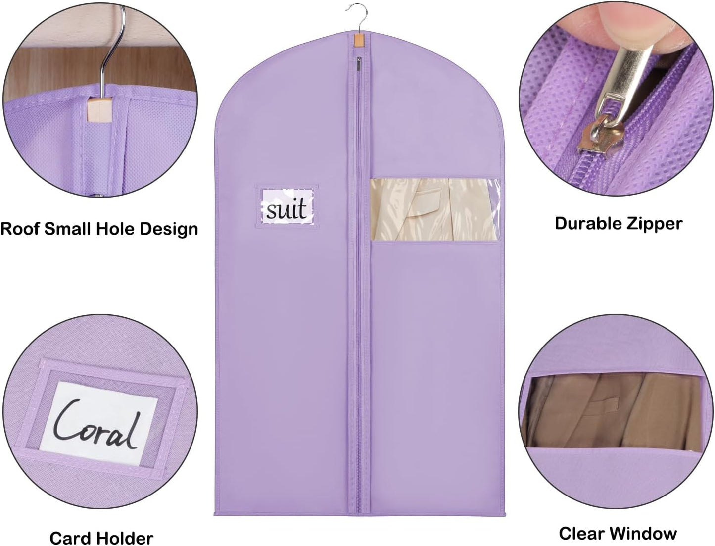 Syeeiex 40" Suit Bag, Set of 8 Garment Bags for Hanging Clothes, Suit Bags for Closet Storage, Garment Bags for Suits, T-shirts, Jackets, Coats, Business Wear(Purple)