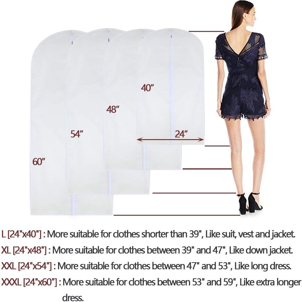 Garment Bags for Hanging Clothes 24'' x 48'' Long Suit Dust Hanging Garment Bag White Breathable Suit Covers for Closet Full Zipper Dust Cover for Dance Dress Clothes Pack of 6