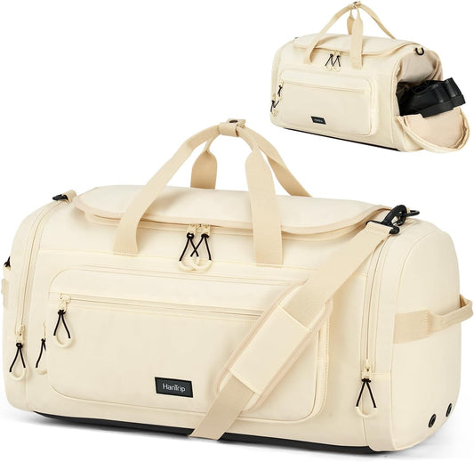 Large Travel Duffle Gym Bag with Shoe Compartment, Underseat Carry On Luggage Overnight Weekender Personal Item Workout Bags for Women Men (Offwhite)