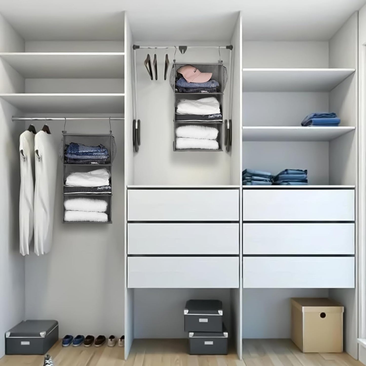 MAX Houser 3 Tier Shelf Hanging Closet Organizer, Space Saver,Closet Hanging Shelf with 2 Sturdy Hooks for Storage, Foldable (Grey)