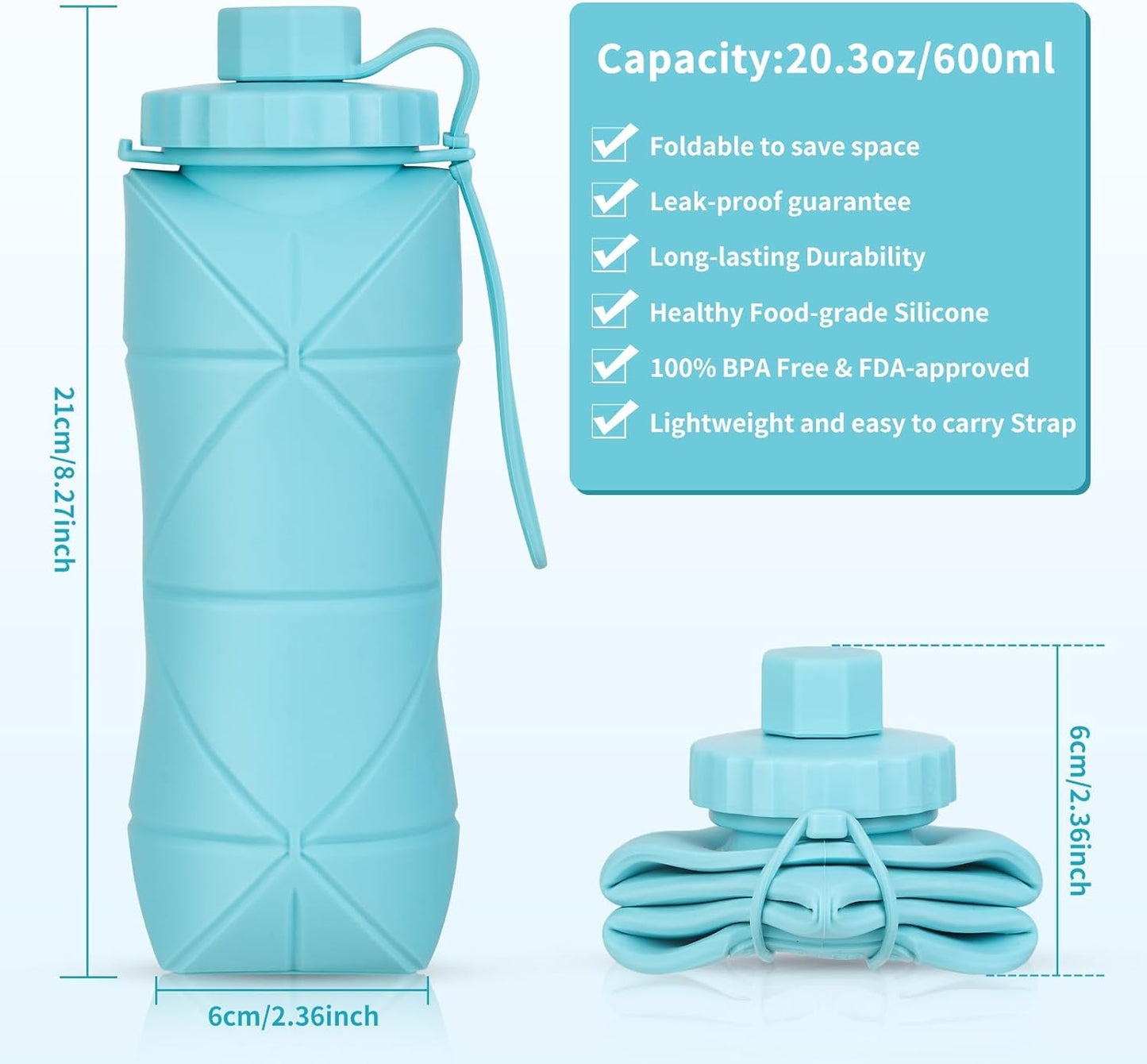 Silicone Collapsible Water Bottles,Lightweight Reusable Leakproof For Traveling Camping Hiking Cycling Sports Outdoor,Foldable Portable Travel Water Bottle 600ML Dark Grey And Dark Blue 2Pack.