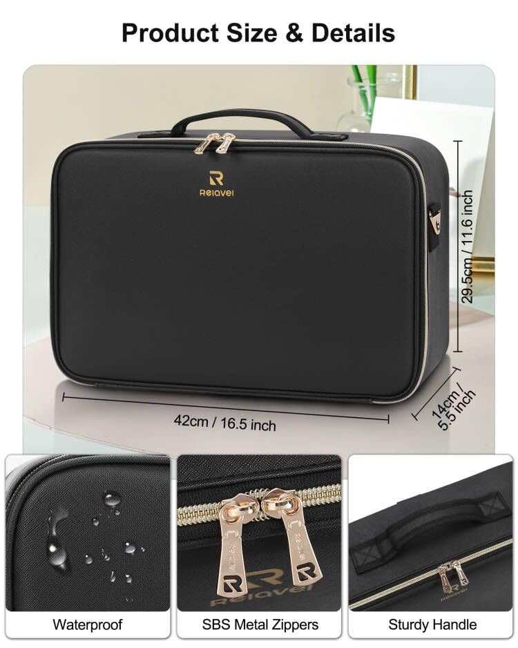 Relavel Travel Makeup Bag With LED Mirror, 16.2" Large Makeup Train Case, 3 Color Scenarios Adjustable Brightness, Waterproof Makeup Train Case Organizer with DIY Dividers for Makeup Artist, Black