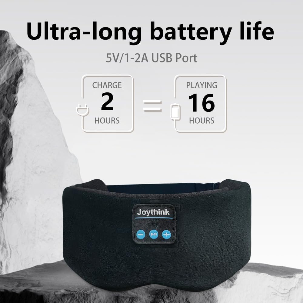 Joythink Sleep Mask Headphones Silk Wireless Bluetooth Headband Eye Mask for Side Sleepers Blackout for Airplane Travel Men Women Black