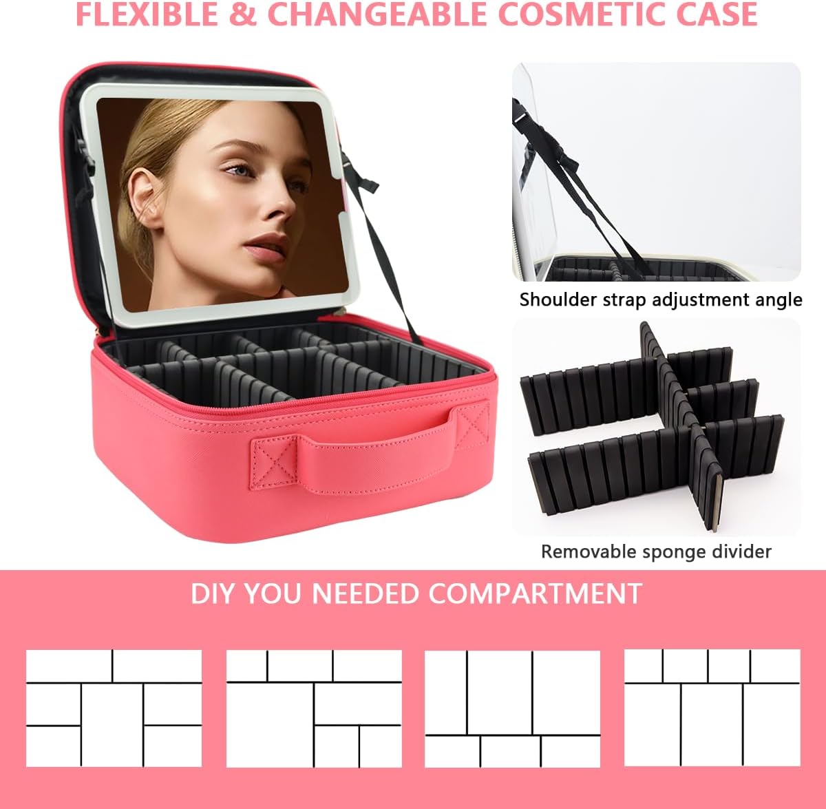 Travel Makeup Bag for Women and Makeup Artists Cosmetic Organizer Large Makeup Case,Travel Makeup Bag with Mirror 3 Color Setting,Portable Storage and Adjustable Dividers(light red)