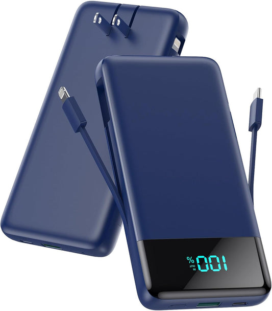 Portable Charger for iPhone with Built in Cables and Wall Plug,Upgraded 13800mAh Fast Charging USB C Power Bank,4 Outputs Travel Essential Battery Pack Compatible with iPhone 15/14/13/12,Samsung-Blue