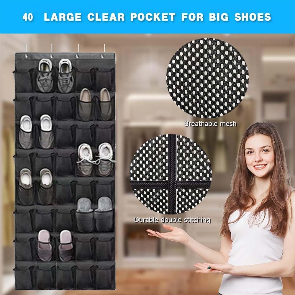 Over the door shoe organizer, 40 Large Clear Mesh Pockets Hanging Shoe Organizer Shoe Rack, for Entryway Bedroom Bathroom Pantry Shoe Stor