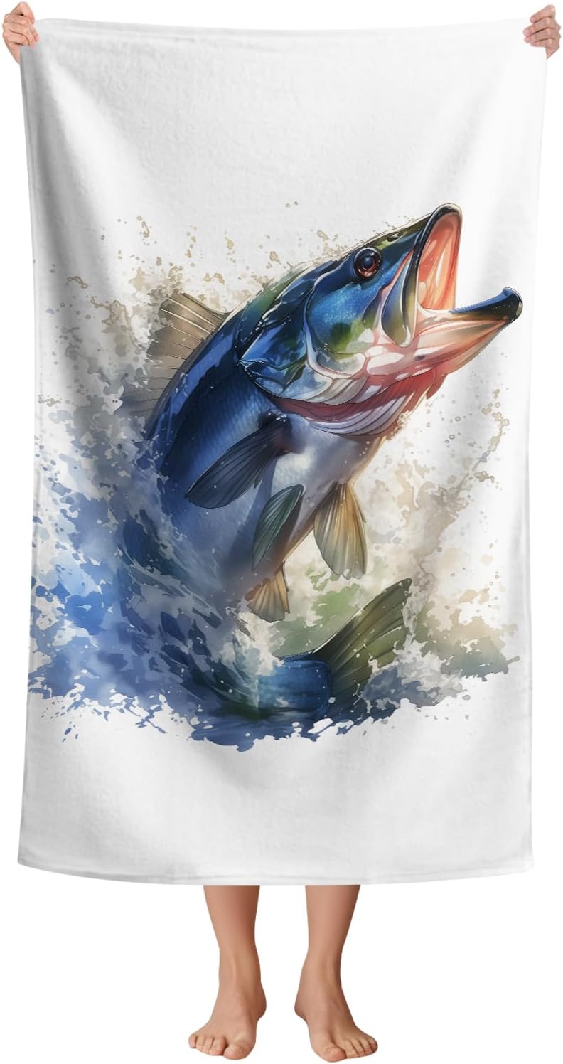 WZOMT Bass Fish Beach Towel Blanket Fishing Towels, Funny Bass Green White Microfiber Bath Towel for Adults Kids, Quick Dry Sandproof Towels for Swim Pool Travel Yoga, Oversized 32x52 Inch
