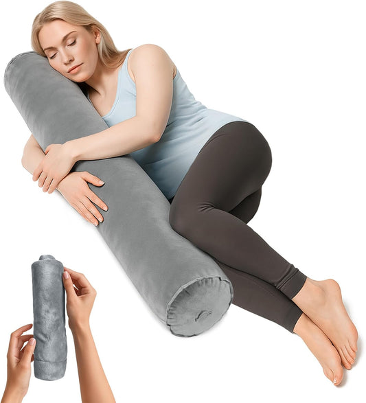 ETROL Inflatable Body Pillow for Adults, 47-inch Long Pillows for Bed, Bolster Pregnancy Pillows for Sleeping, Inflatable Travel Full Body Pillow, Hug Round Pillow for Side Sleeper, Soft Velvet, Grey