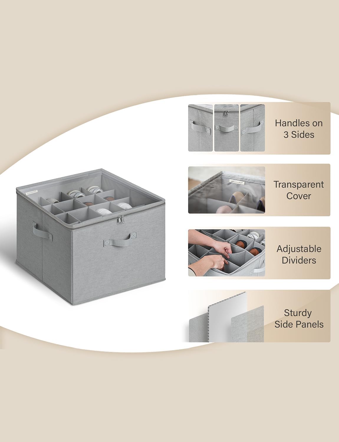 StorageWorks Shoe Organizer for Closet, Fits up to 16 Pairs, Shoe Cubby Storage Containers with Adjustable Dividers and Clear Cover, Grey
