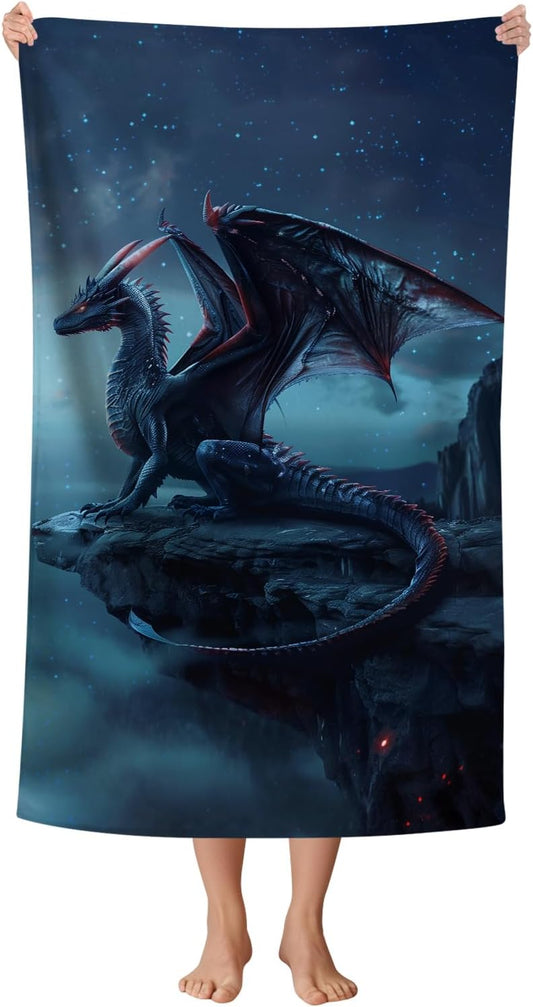 WZOMT Microfiber Dragons Beach Towel, Cool Funny Blue Dragons Standing on The Cliff Edge Bath Towels for Kids Boys Men, Quick Dry Sandproof Swim Pool Towel, Oversized 32x52 Inch