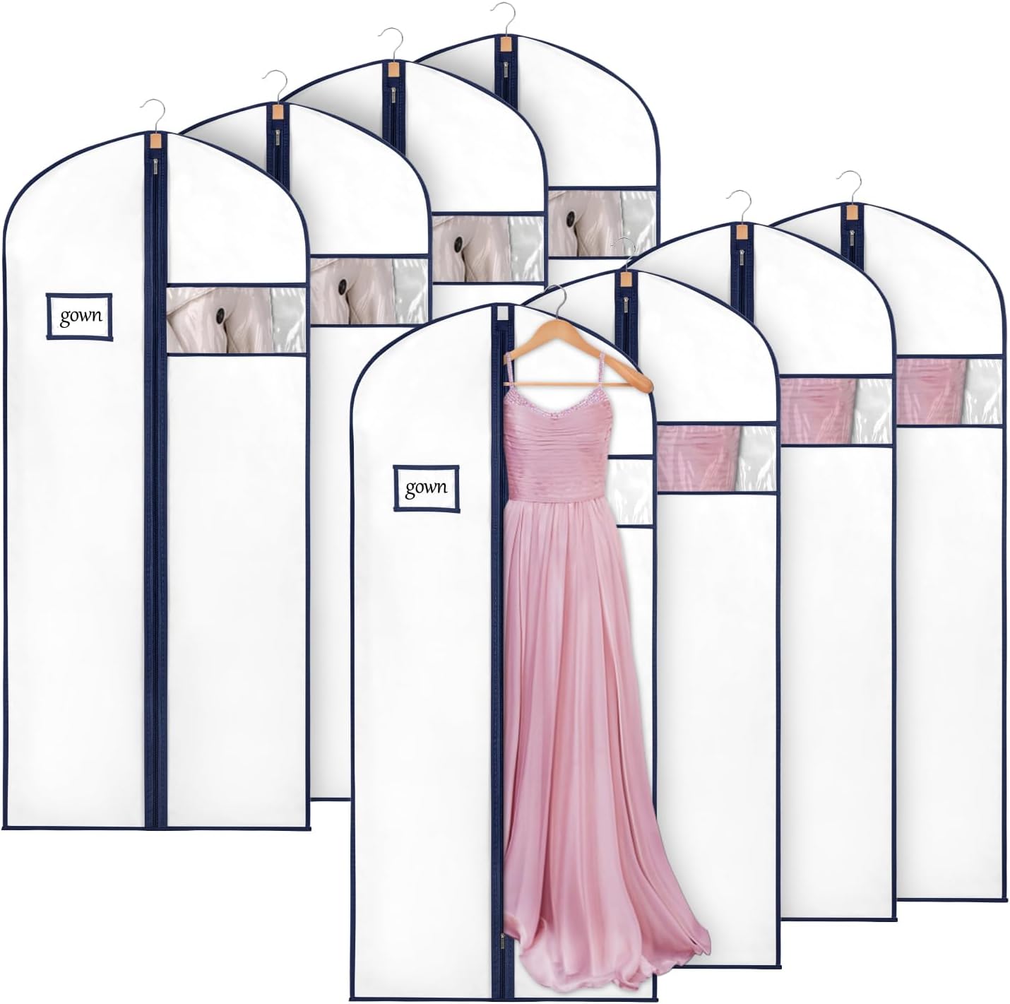 Syeeiex 60'' Garment Bags for Hanging Clothes, Set of 8 Dress Bags for Gowns, Dress Garment Bags for Gowns,Evening Dresses,Fur Coat,Long Dress(White & Dark Blue)