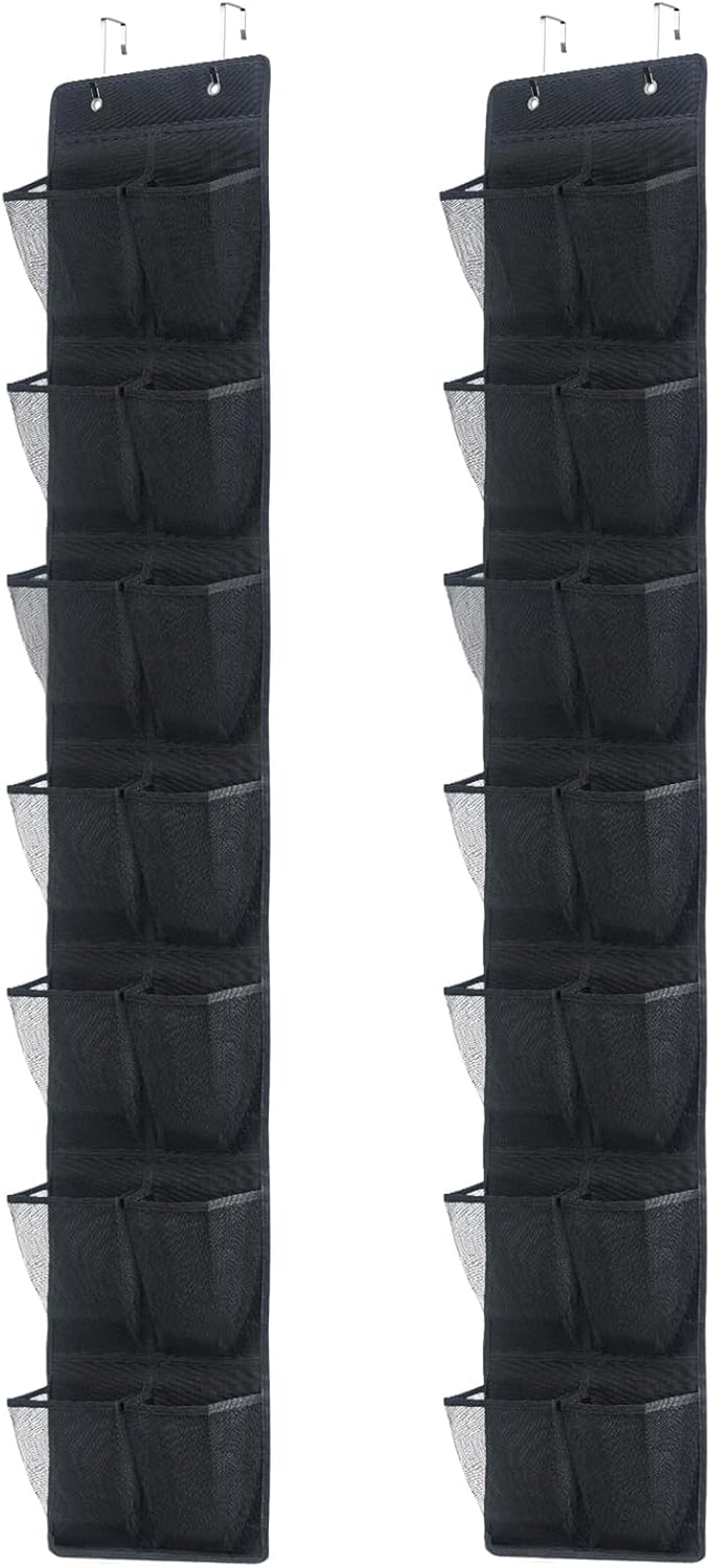Over The Door Shoe Organizer, 14 Large Mesh Pockets Hanging Shoe Rack for Closet Organizers and Storage, 2-pack (black)