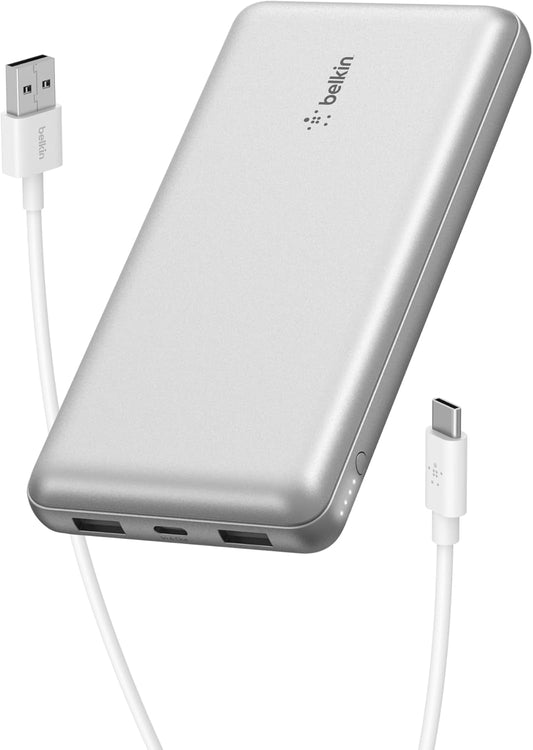 Belkin Portable Charger, USB-C Power Bank 20000 mAh w/ 1xUSB-C Port & 2xUSB-A Ports, 15W w/Type-C to Type-A Cable for iPhone 16, Samsung Galaxy S25, Nintendo Switch 2, Google Pixel 10, etc. - Silver