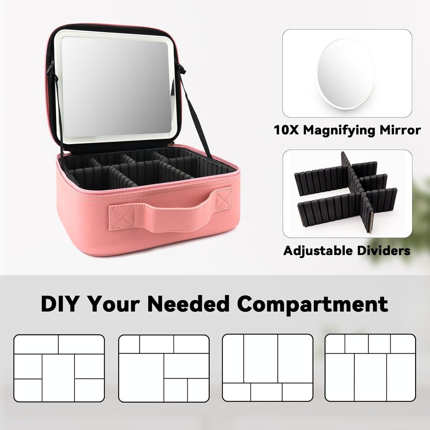 Travel Makeup Bag with LED Mirror and 10x magnifying glass with 3 Lighted Settings, Adjustable Dividers and Makeup Brush Storage Bag Pink