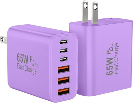USB C Charger Block, 65W USBC Wall Charging Blocks 6-Port PD & QC Power Adapter Multiport Type C Fast Chargers Plug Cube Brick for iPhone 16/15/14/13/12/Pro Max,iPad Pro,Samsung Galaxy S25 Purple