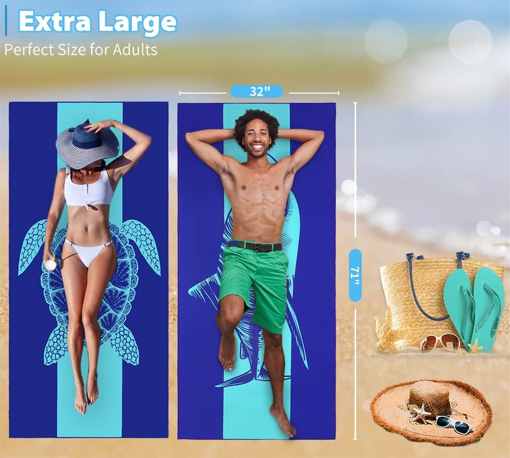 2 Pack Microfiber Lightweight Beach Towel 71"x32" Oversized Extra Large Thin Sand Free Towels Travel Swim Pool Yoga Gym Camping for Adults Women Men Beach Essentials Accessories Vacation Gift