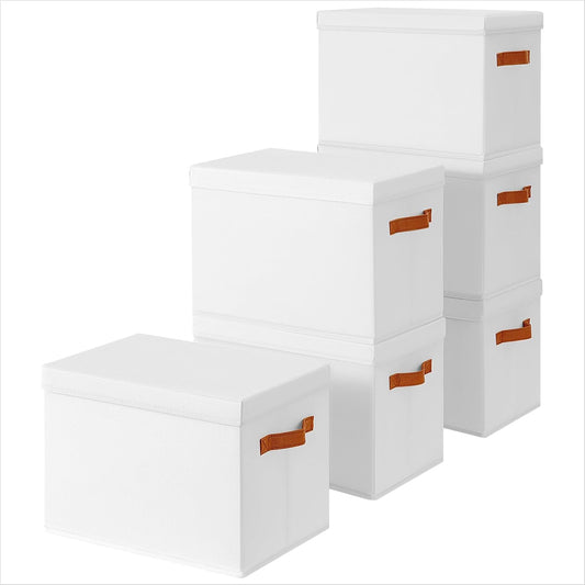 Storage Bins with Lids - Fabric Storage Baskets for Shelves, 6 Pack Foldable Decorative Boxes with Handles, Stackable Organizer Bins for Home, Nursery, Dorm, White
